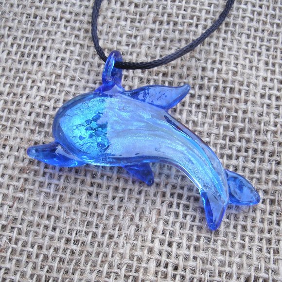 Murano Glass Blue Dolphin Pendant Necklace - Picture 8 of 15